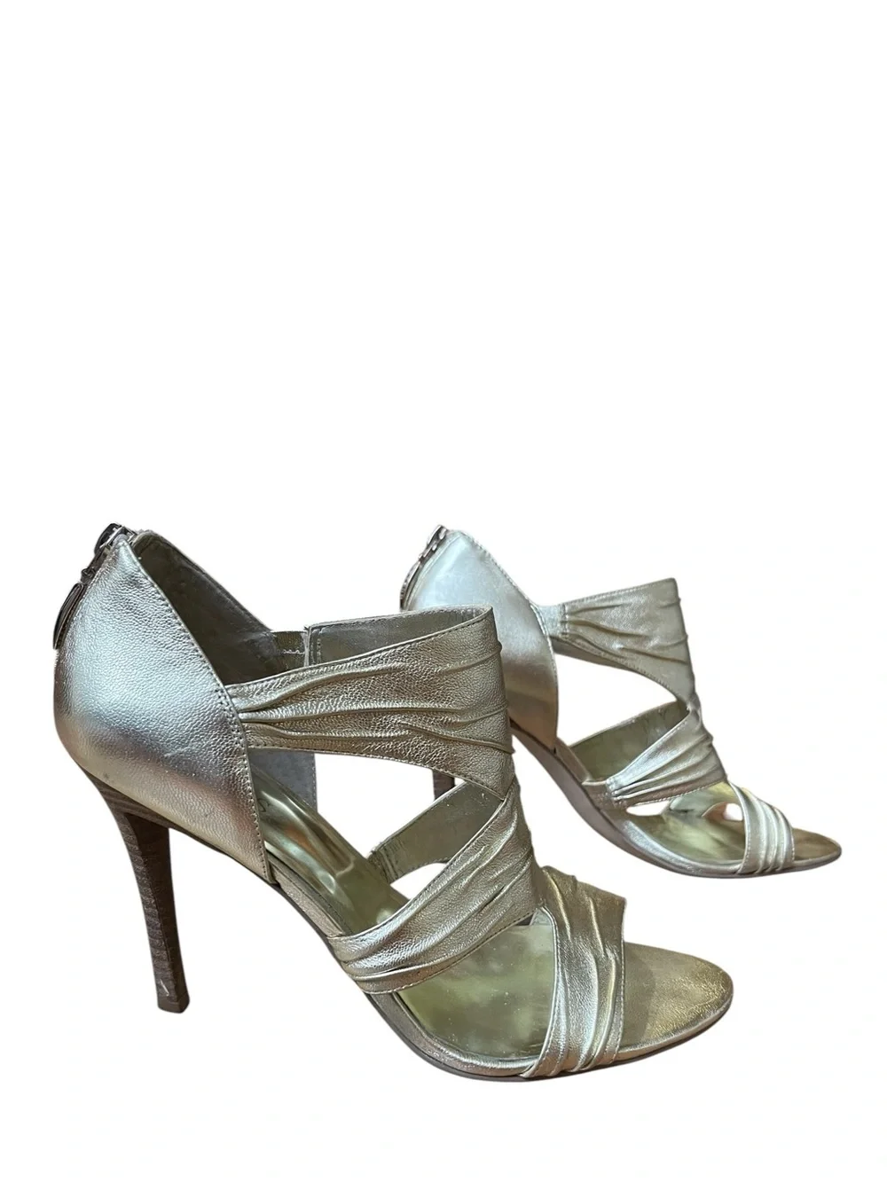 GUESS‎ Gold Metallic Strappy Heels Zip Back Stiletto Sandals Size 9.5 Party Glam